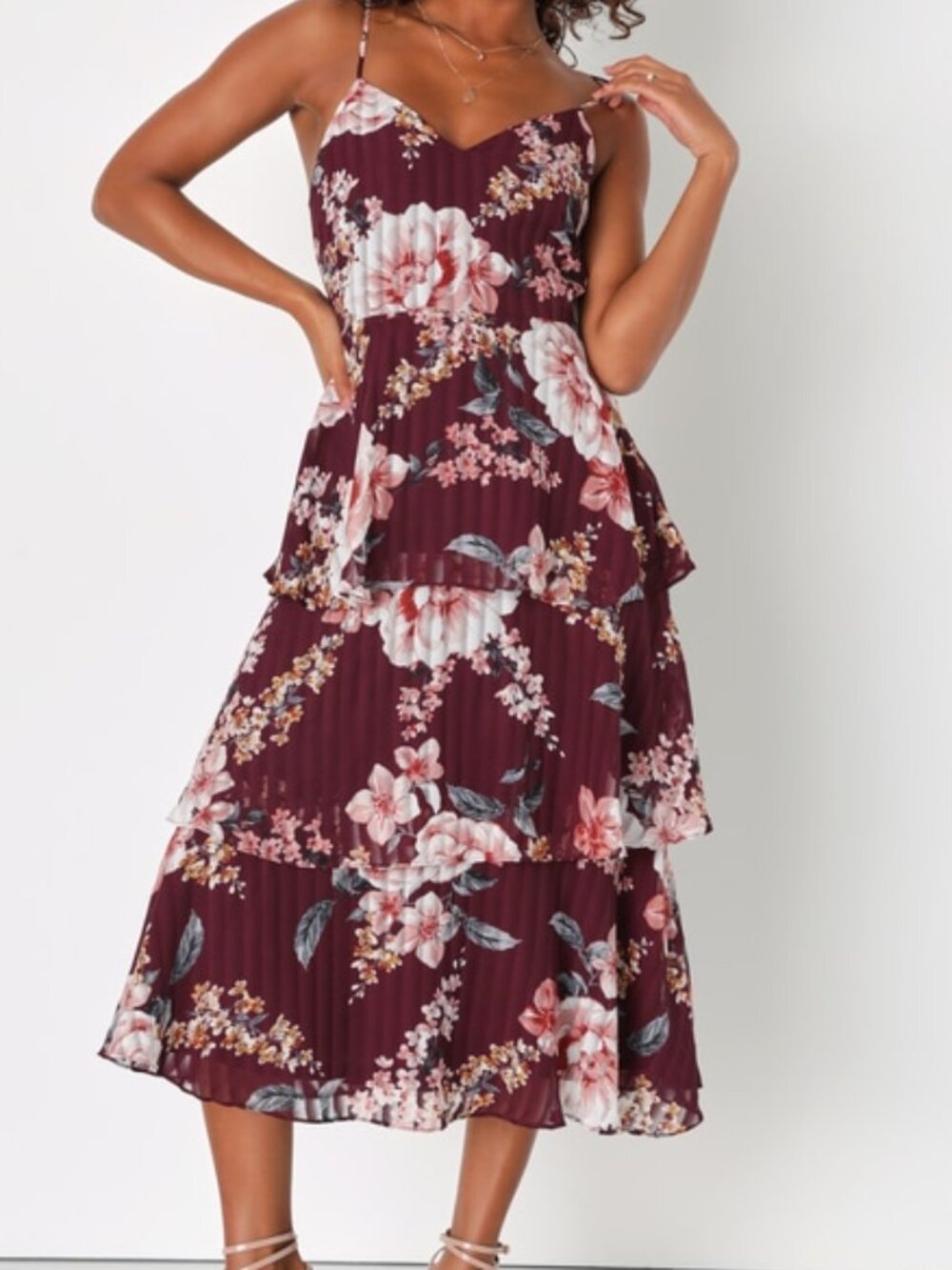 Lulus Lovely Presence Burgundy Floral Print Pleated Tiered Midi Dress - Size XS
